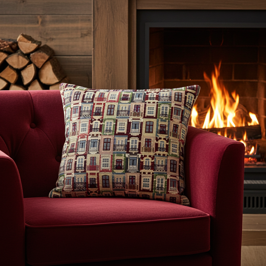 just cushions large square tapestry cushion with a ornate windows with balconies pattern