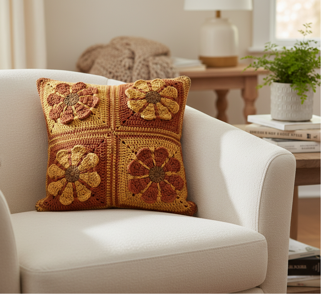 Retro style daisy crochet cushion in autumn colours on a white armchair with a blurred living room background