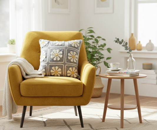 Ochre yellow armchair with a light grey crochet cushion with a daisy pattern in a bright living room.