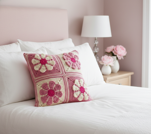 Decorative pink and white daisy crochet cushion on a bed with a lamp and flowers in the background.