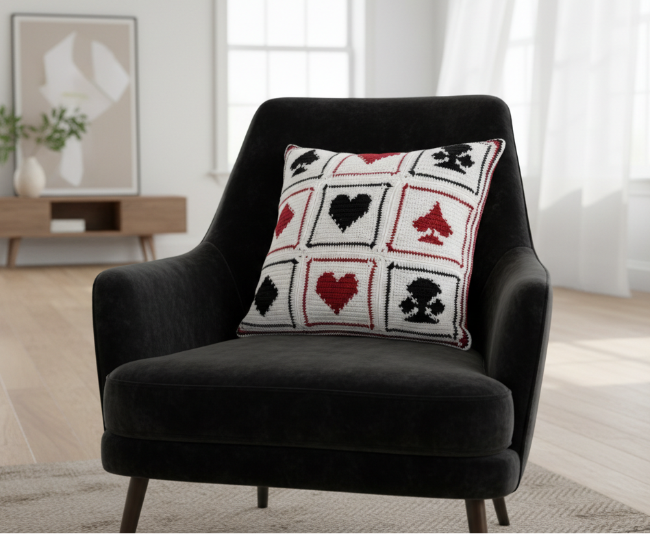 Black armchair with a decorative crochet cushion featuring hearts, clubs, diamonds, and spades in a living room setting.