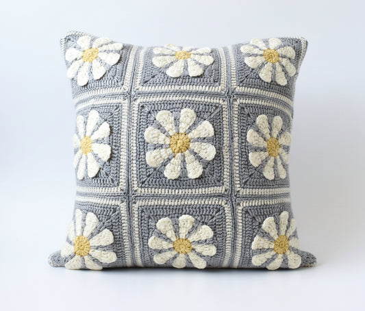 just cushions hand crochet cushion grey and white with white and yellow daisies granny squares cushion handmade in the uk