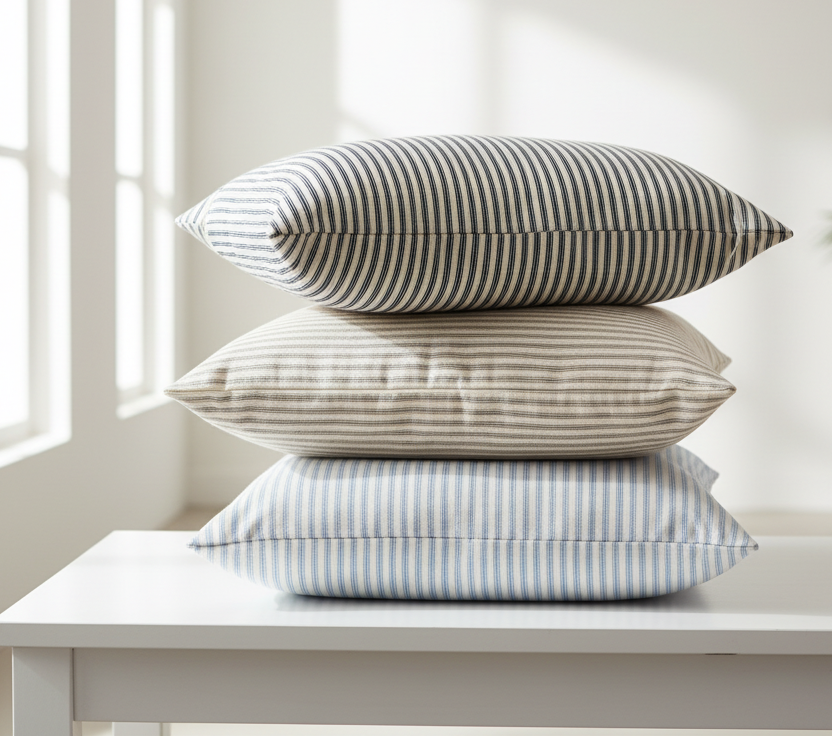 Stack of striped ticking cushions on a white surface with a light background