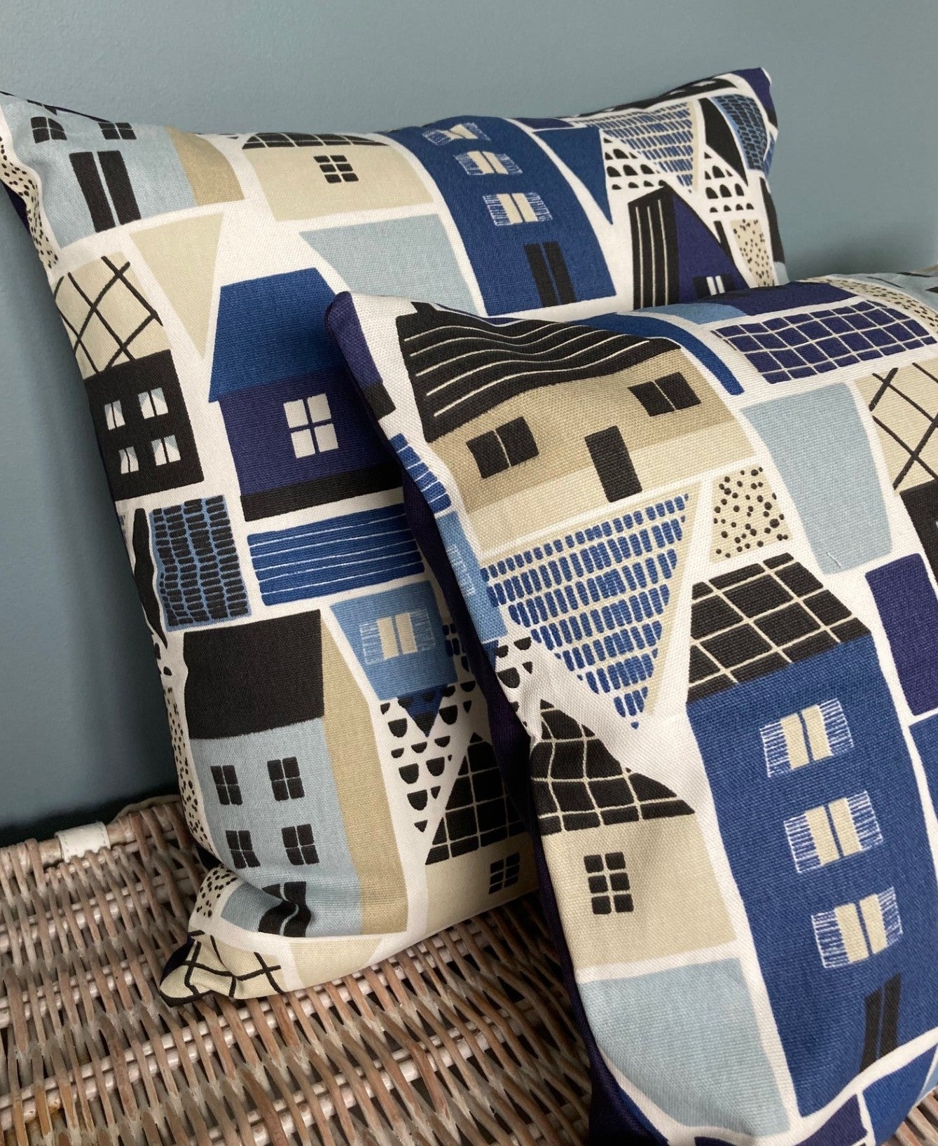 just cushions pair of clovelly seaside themed cushion in tones of blue beige and white