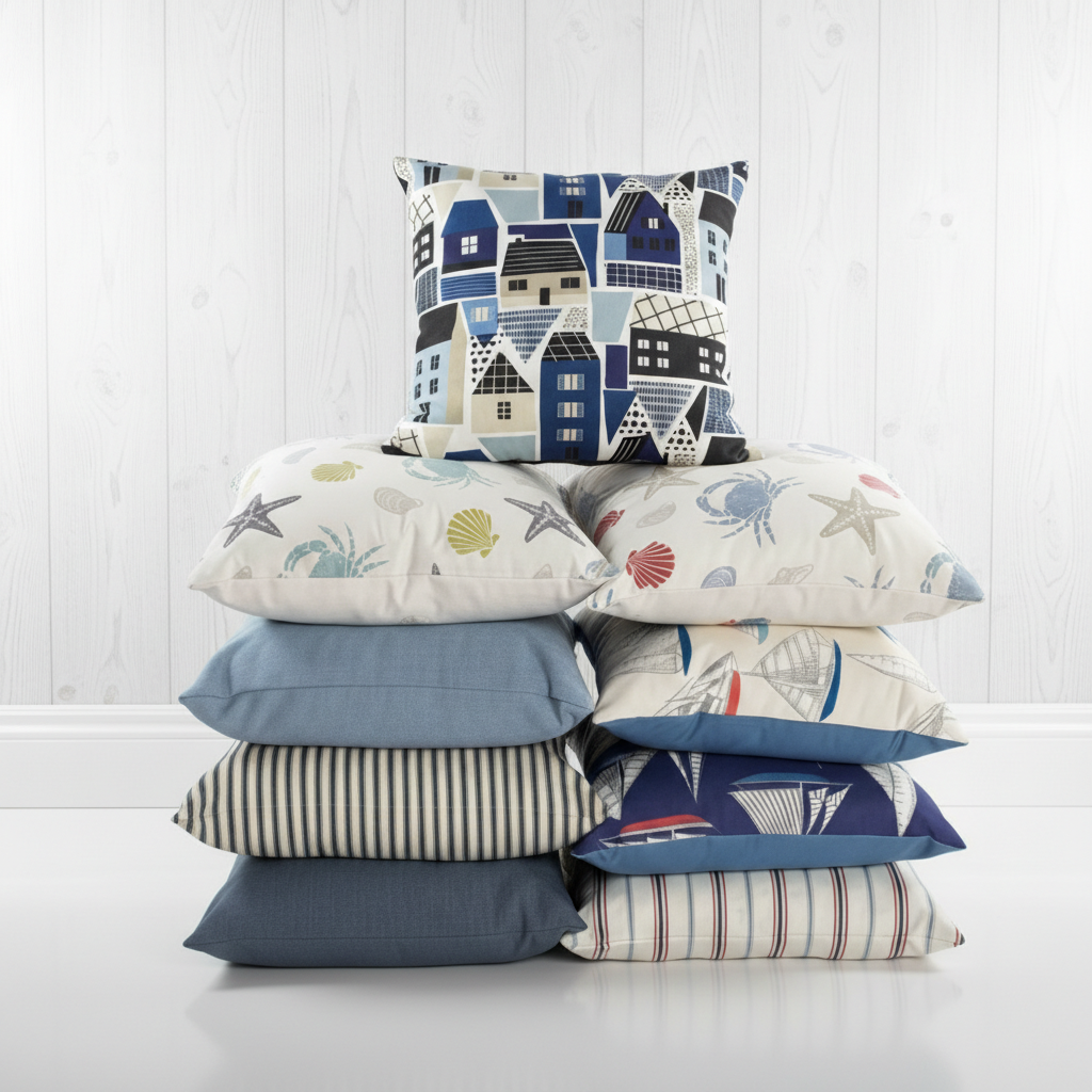 Stack of cushions with seaside, coastal and nautical patterns on a white background 