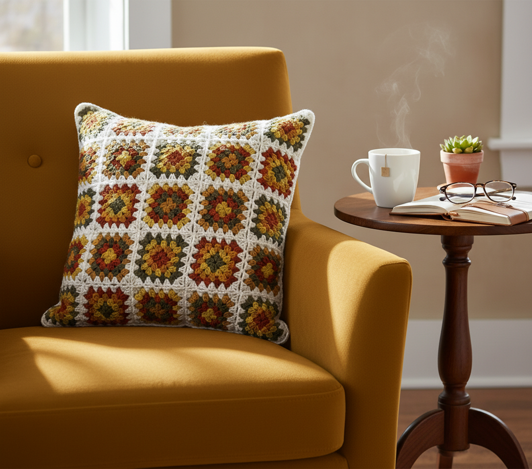 Ochre yellow armchair with a colorful granny squares crochet cushion in a cozy room.