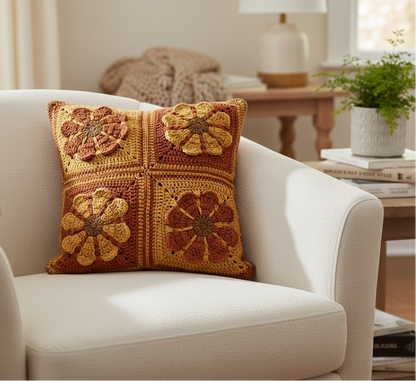 Retro style daisy crochet cushion in autumn colours on a white armchair with a blurred living room background