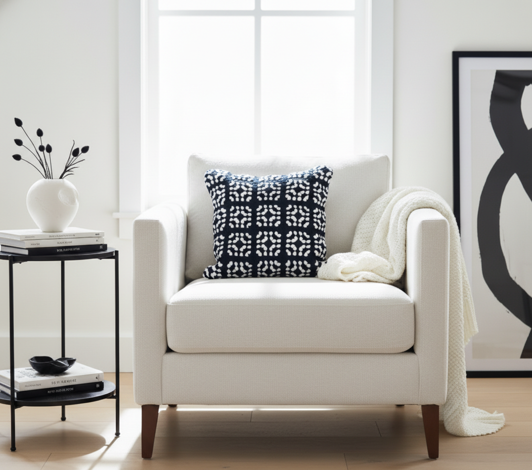 White armchair with a black and white crochet cushion and a white blanket in a bright living room.