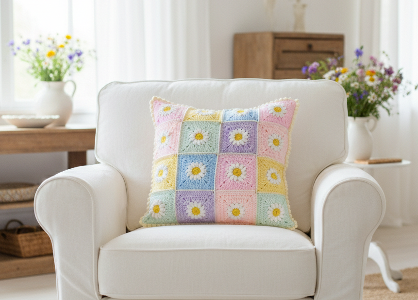 White armchair with a colorful crochet cushions with daisies in granny squares in a bright living room.