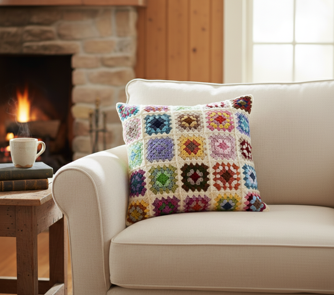 Colorful  granny squares crochet pillow on a beige sofa with a fireplace in the background