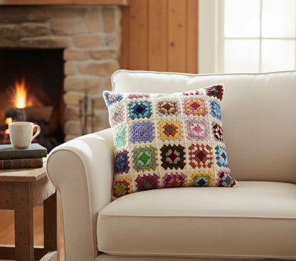 Colorful  granny squares crochet pillow on a beige sofa with a fireplace in the background