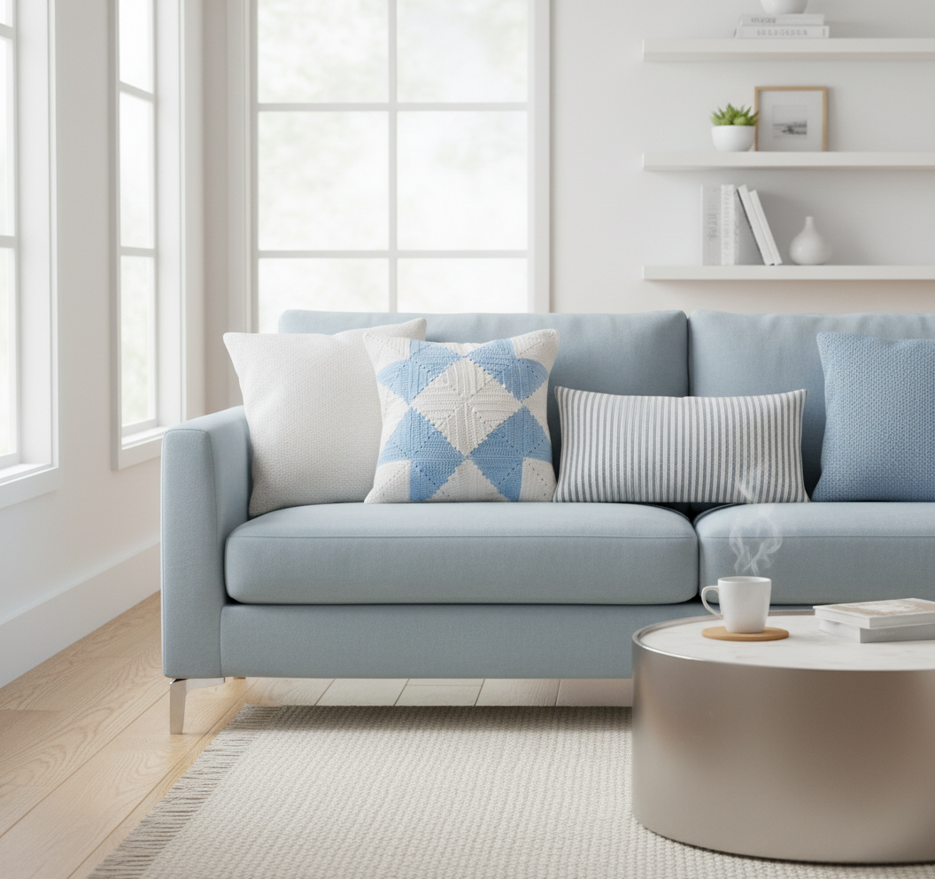Light blue sofa with crochet cushion with blue geometric pattern in a bright living room.