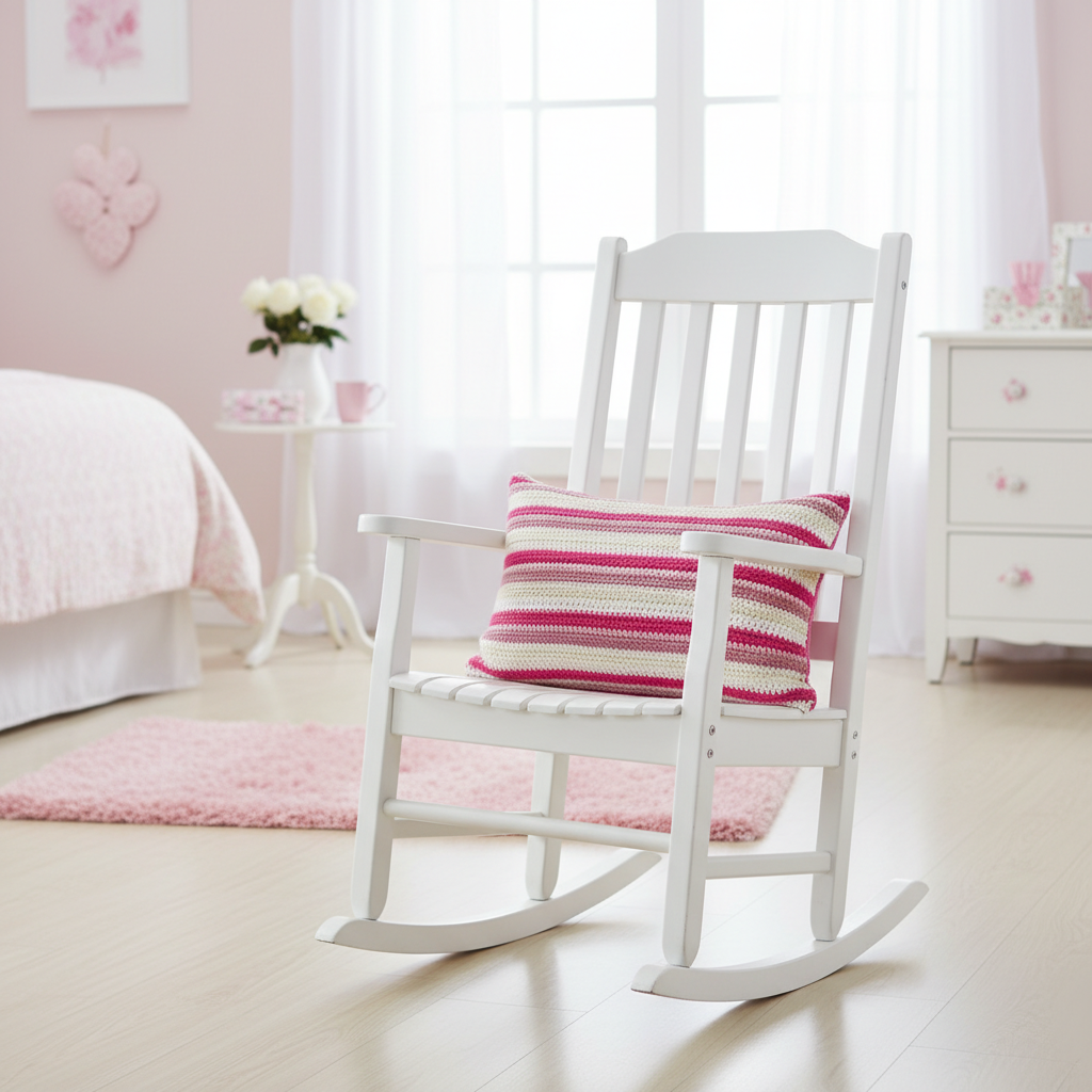 White rocking chair with a pink and white striped crochet cushion in a bedroom setting.
