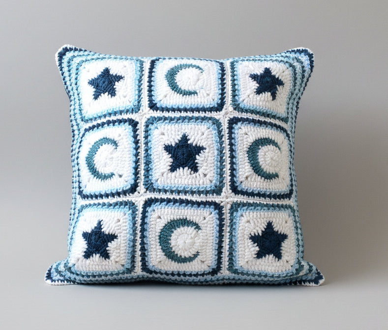 just cushions hand crochet cushion moon and stars granny squares cushion shades of blue with white handmade in the uk