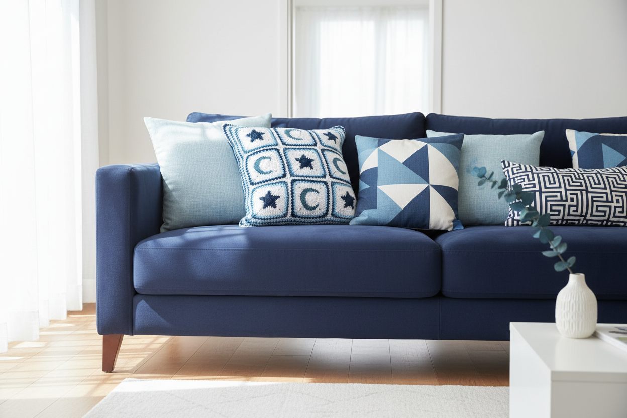 Blue sofa with patterned cushions including a blue and white, moon and stars patterned crochet cushion