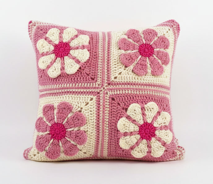 just cushions square crochet cushions with a pink retro daisy panel pattern