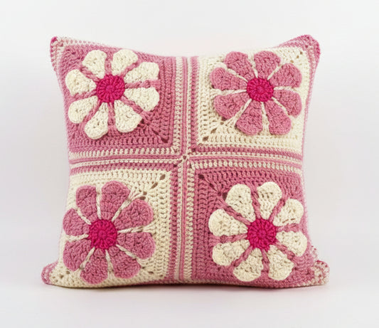 just cushions square crochet cushions with a pink retro daisy panel pattern