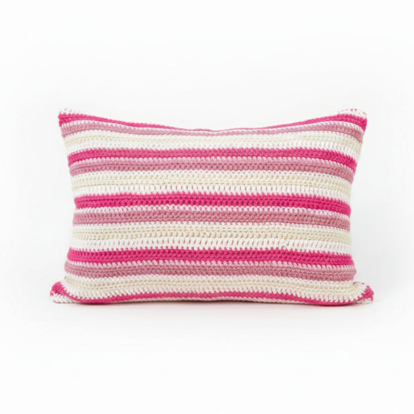 just cushions crochet rectangular cushion in pink cream and white stripes