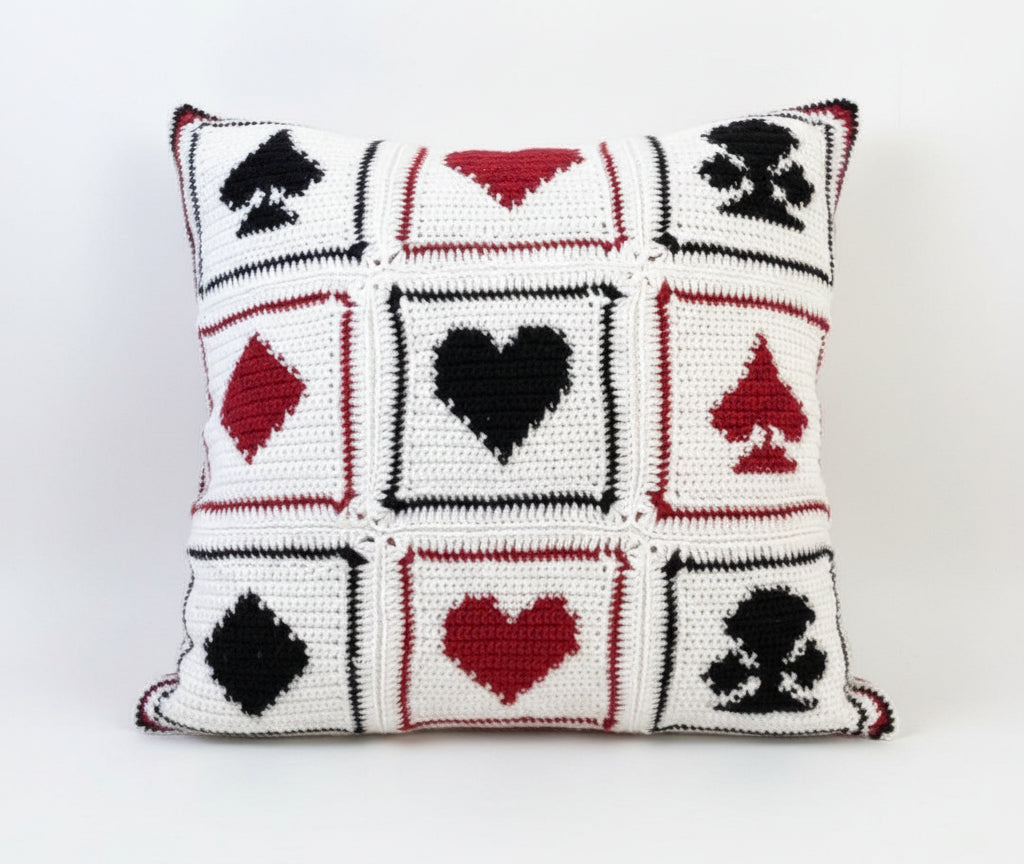 just cushions square crochet cushion with playing cards in a granny squares pattern in black red and white