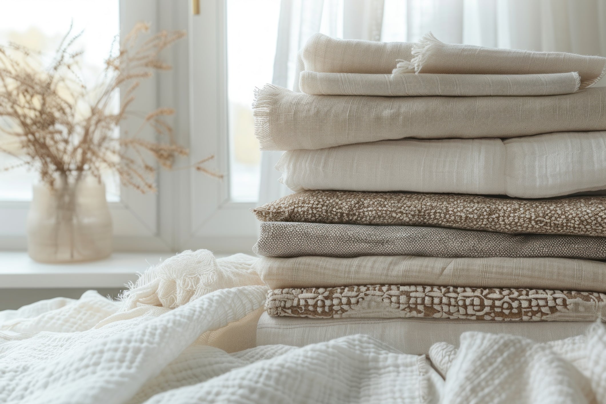 folded rustic fabrics in neutral colours