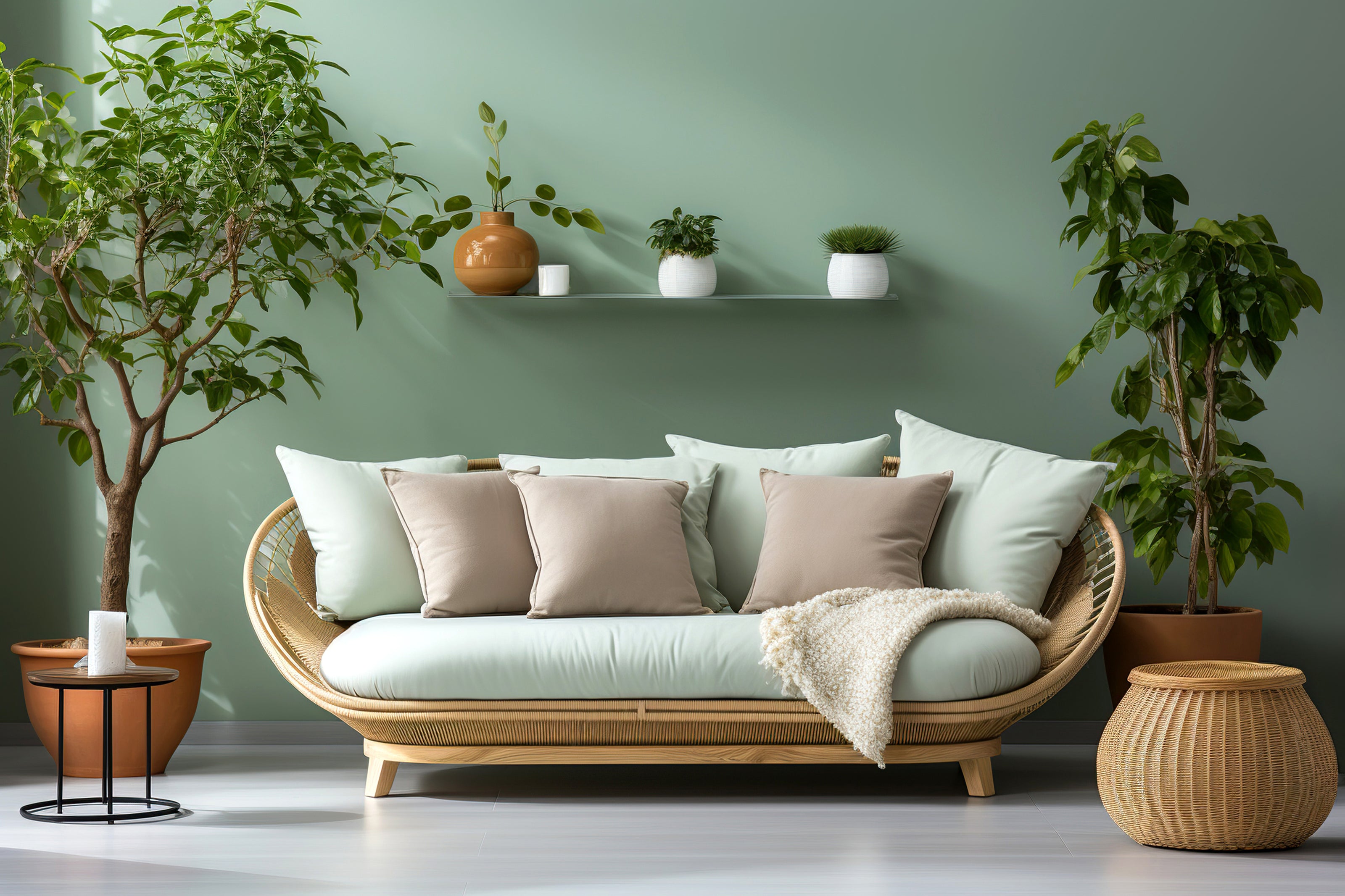 Modern living room with a wicker sofa, cushions, and potted plants against a green wall.
