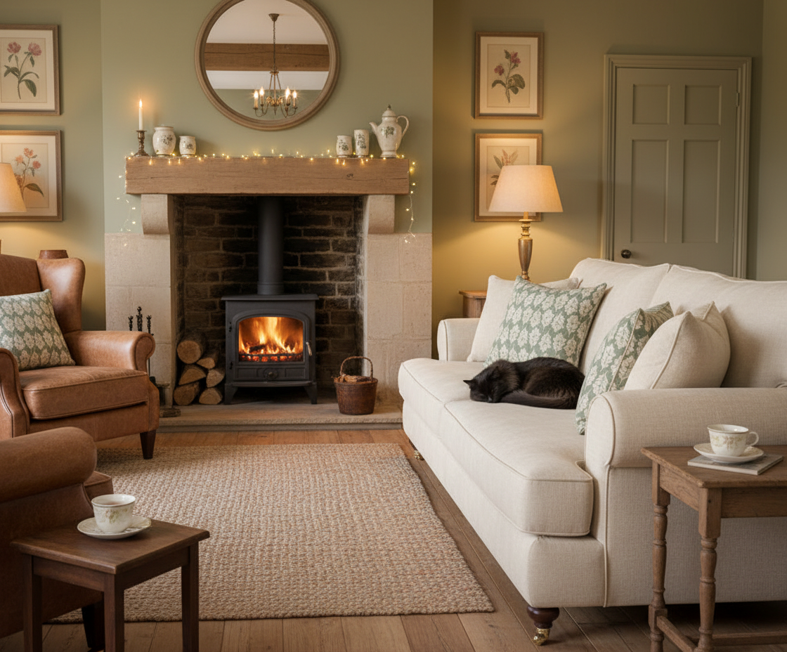 Cozy living room with fireplace, sofa, and oak leaf print and plain cushions