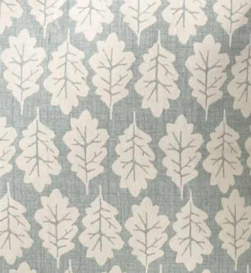 just cushions close up of fabric sample for duck egg bue oak leaf print cushion