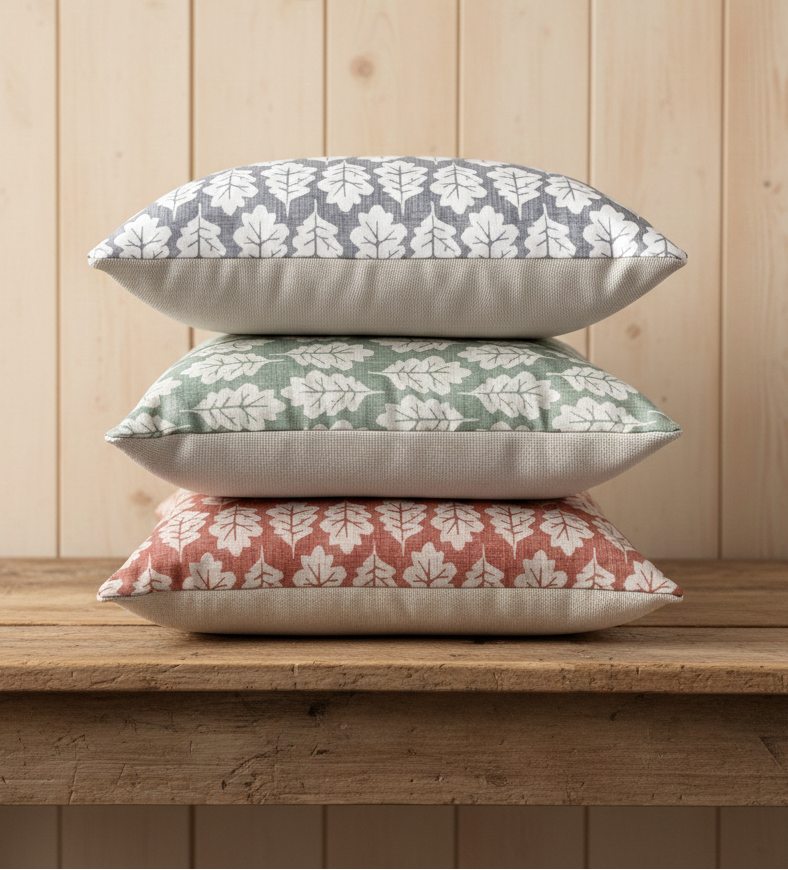 Three oakleaf print patterned cushions stacked on a wooden surface with a wooden panel background