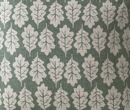 just cushions closeup of fabric sample for oak leaf green print cushions