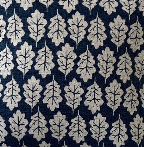 just cushions closeup of fabric sample for oak leaf navy print cushions