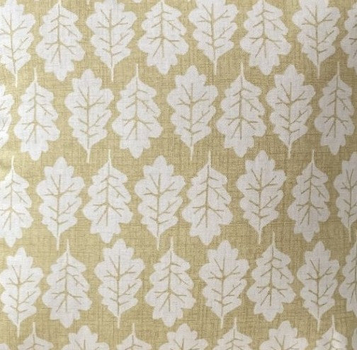 just cushions closeup of fabric sample for oak leaf ochre yellow print cushions