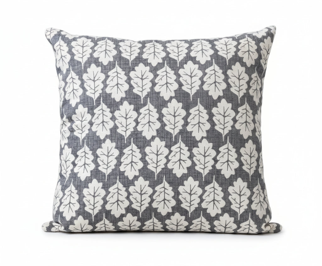 just cushions square oak leaf design cushion beige leaves on a grey background 