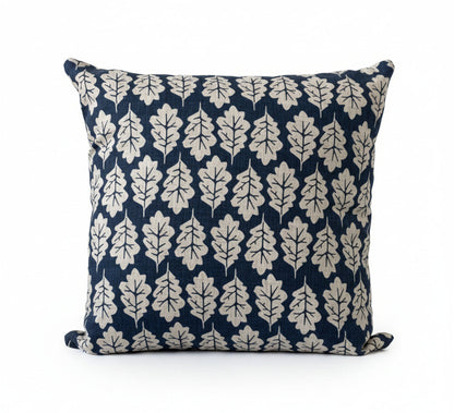 just cushions square oak leaf design cushion beige leaves on a navy blue  background 