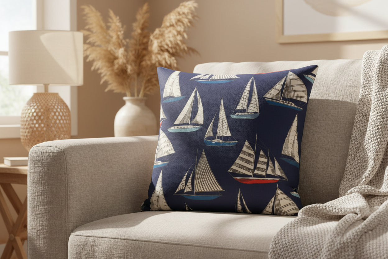 just cushions square yachts cushion with coloured boats on a navy background