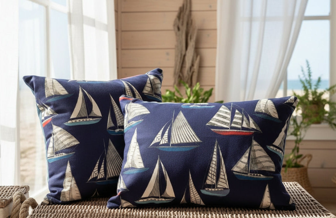 just cushions pair of yachts cushion with coloured boats on a navy background