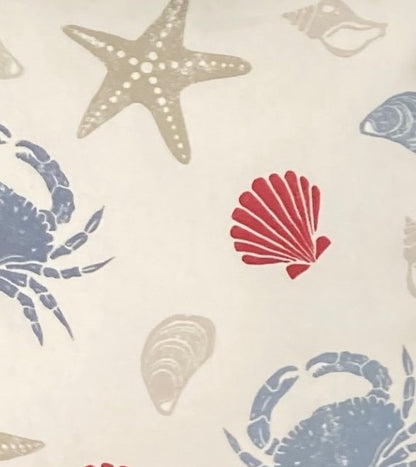 just cushions close up of offshore cushion Seashell, starfish, and crab pattern on a beige background