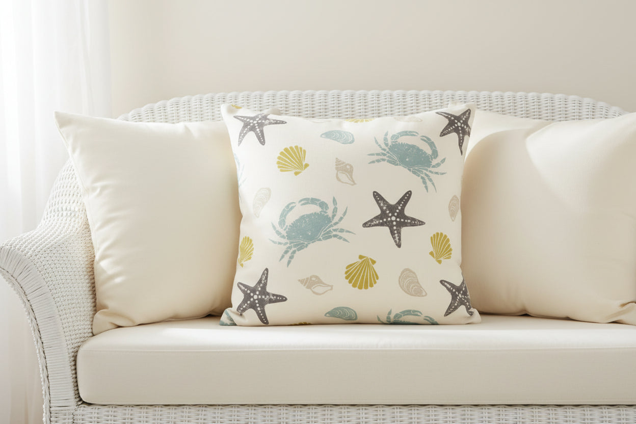 Just cushions square offshore cushion with seashells and crab pattern on a cream background