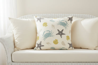 Just cushions square offshore cushion with seashells and crab pattern on a cream background