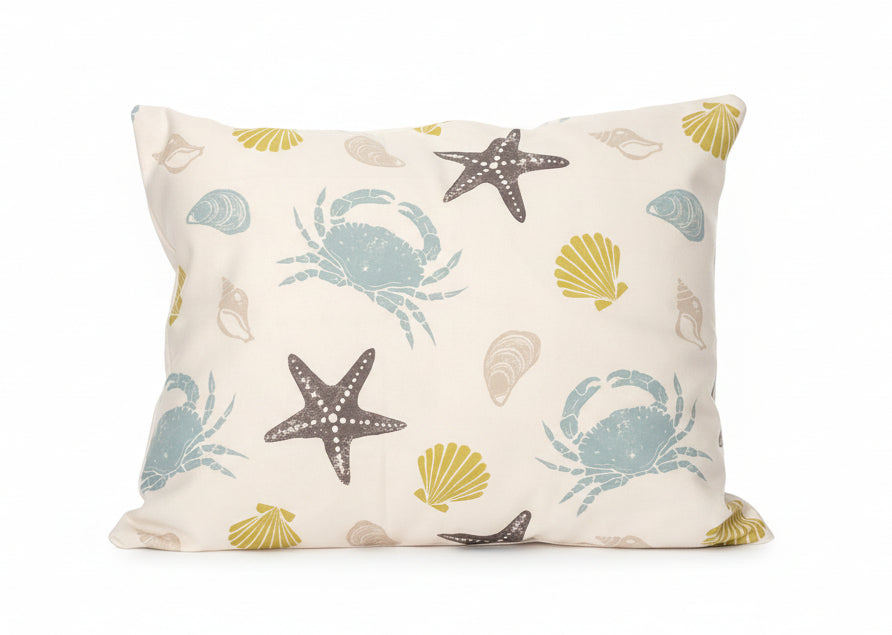 Just cushions rectangular offshore cushion with seashells and crab pattern on a cream background