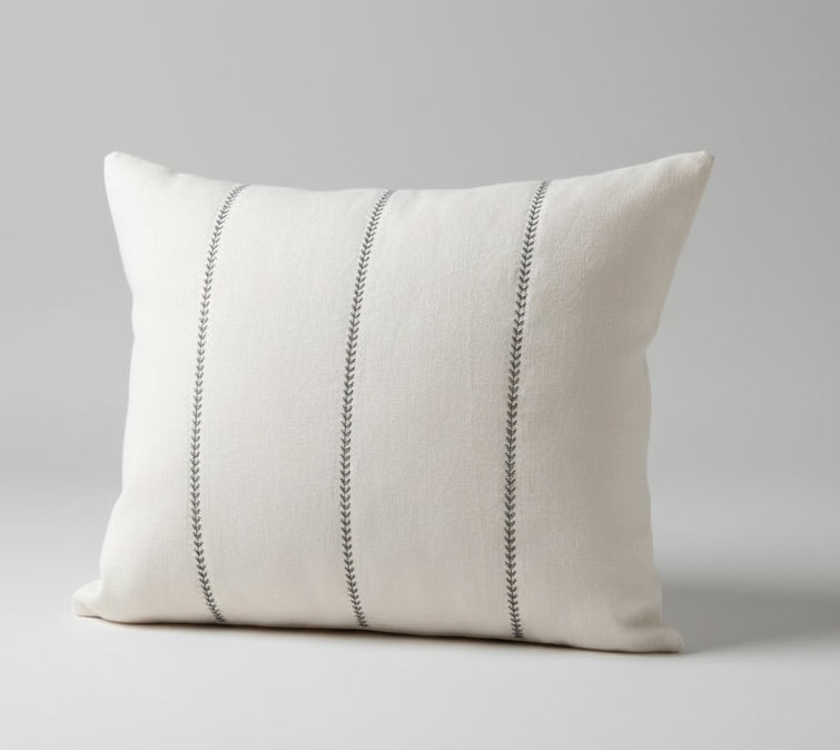 just cushions white recycled linen cushion embroidered with 3 lines of grey leaves