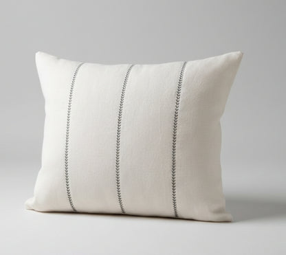 just cushions white recycled linen cushion embroidered with 3 lines of grey leaves