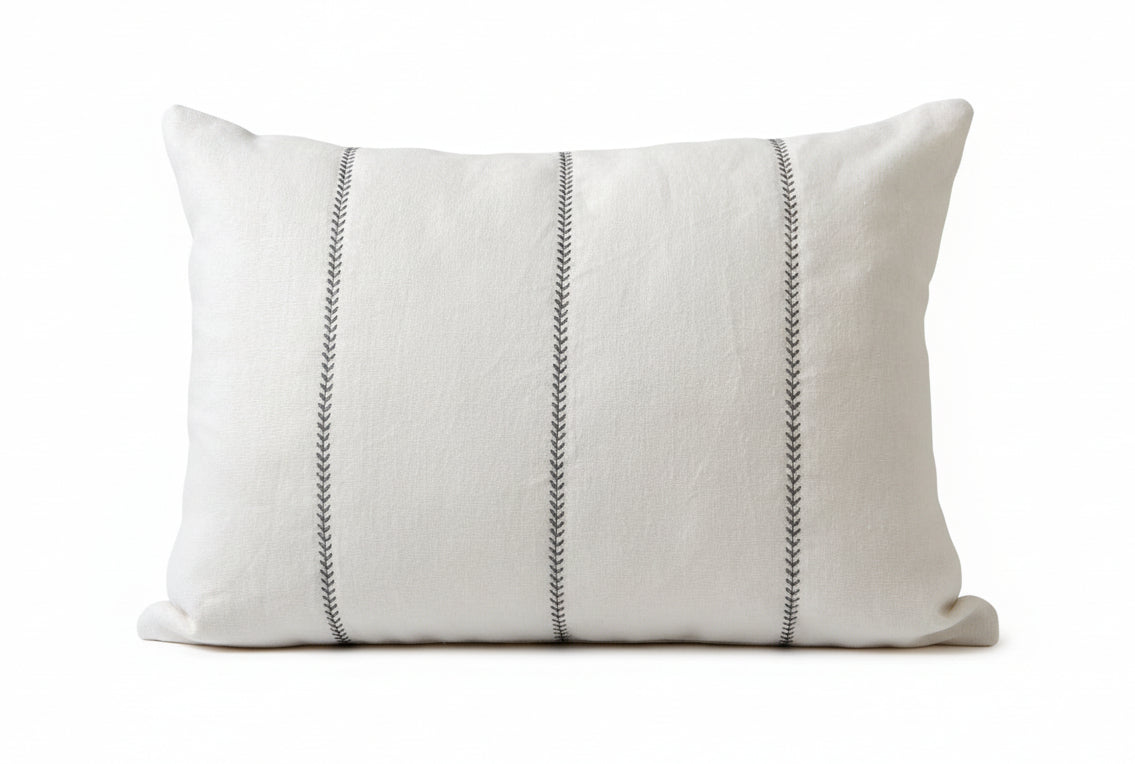 just cushions white recycled linen cushion embroidered with 3 lines of grey leaves