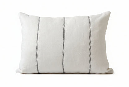just cushions white recycled linen cushion embroidered with 3 lines of grey leaves