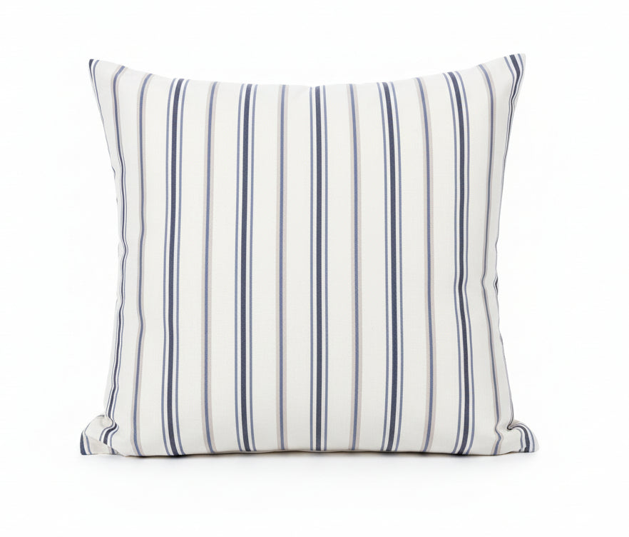 just cushions salcombe stripe cushion sustainable cotton handmade in the uk multi coloured stripe grey navy cream