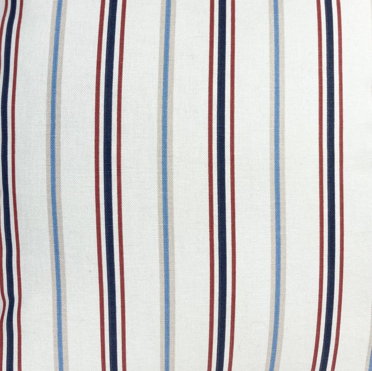 just cushions salcombe stripe cushion sustainable cotton handmade in the uk multi coloured stripe red navy cream fabric sample