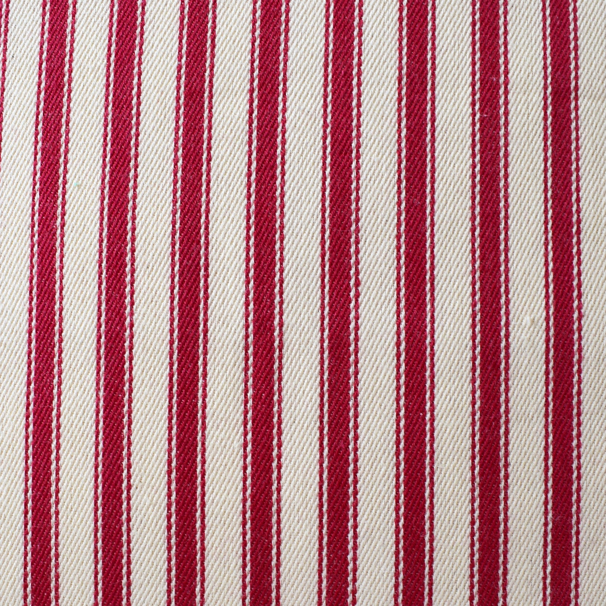 Close-up of red and white striped fabric pattern - sample for jess & pegg cushion