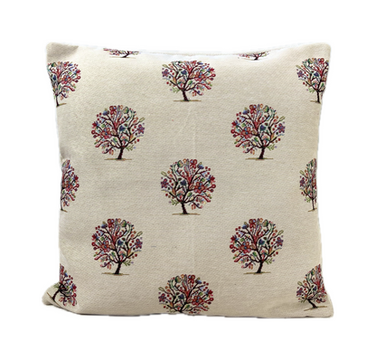 just cushions tapestry cushion scion style trees with colourful flowers on cream background woven fabric handmade in the uk