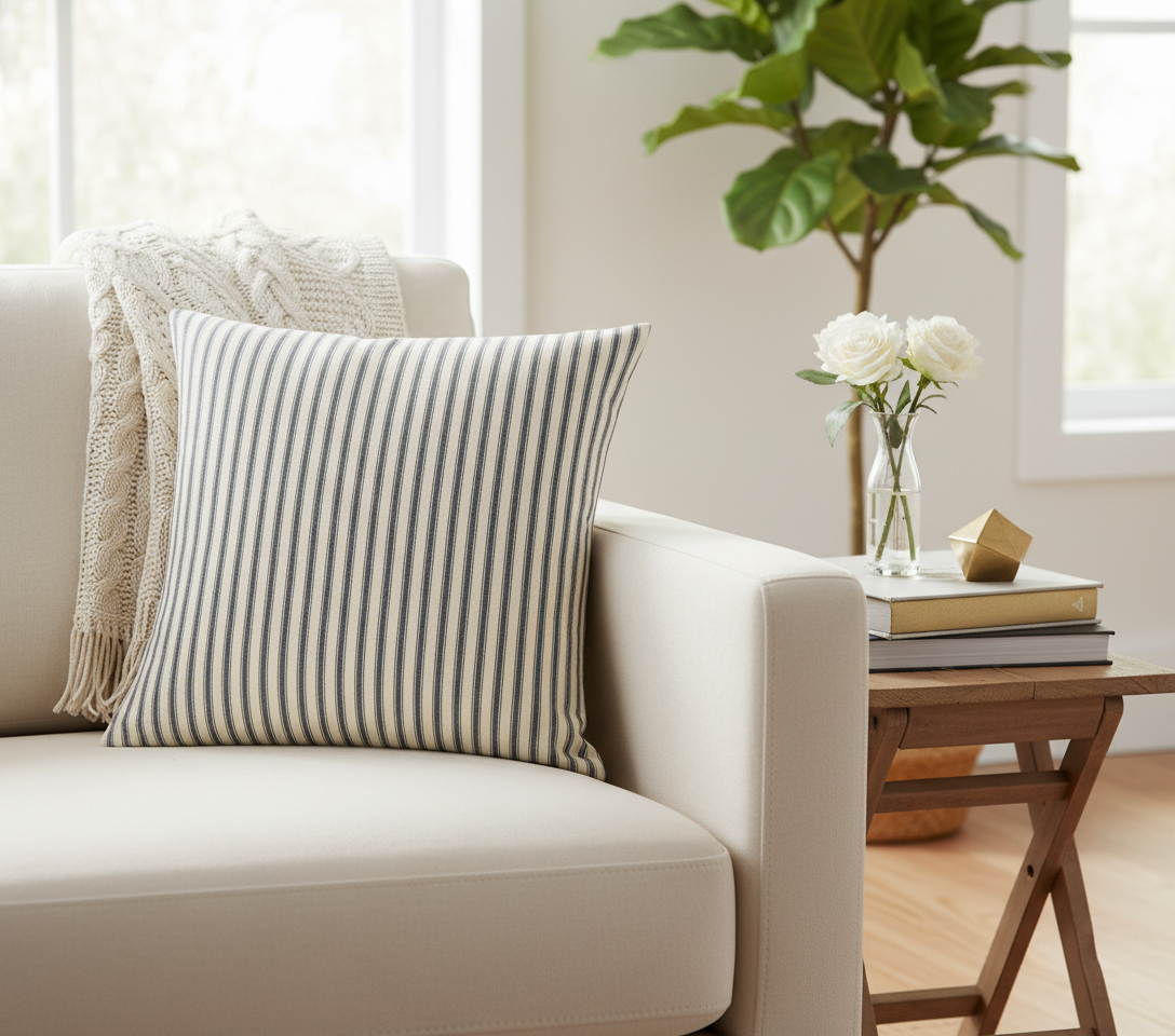Cream sofa with a striped ticking dark grey and cream cushion, wooden side table with books and flowers, and a plant in the background.