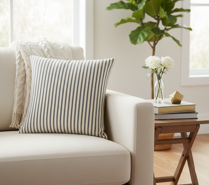 Cream sofa with a striped ticking dark grey and cream cushion, wooden side table with books and flowers, and a plant in the background.