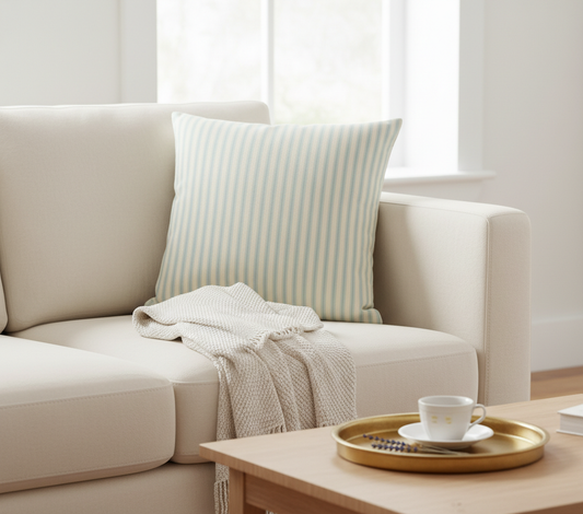 Cream sofa with a duck egg blue and cream striped ticking cushion and a blanket, next to a wooden coffee table with a cup and saucer.